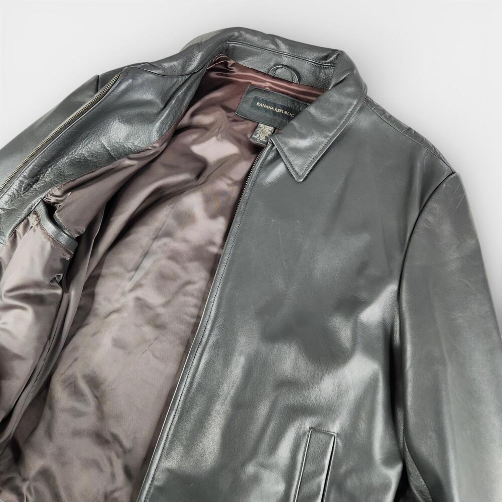 Y2K Banana Republic Leather Bomber Jacket Mens Large Gray Biker Zip Vents Lined